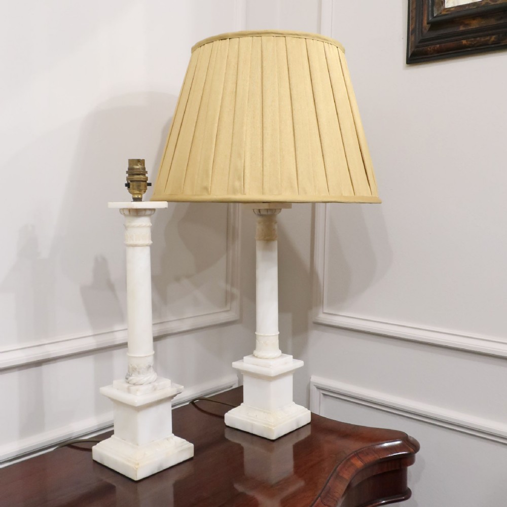 Pair of Italian Alabaster Column Table Lamps