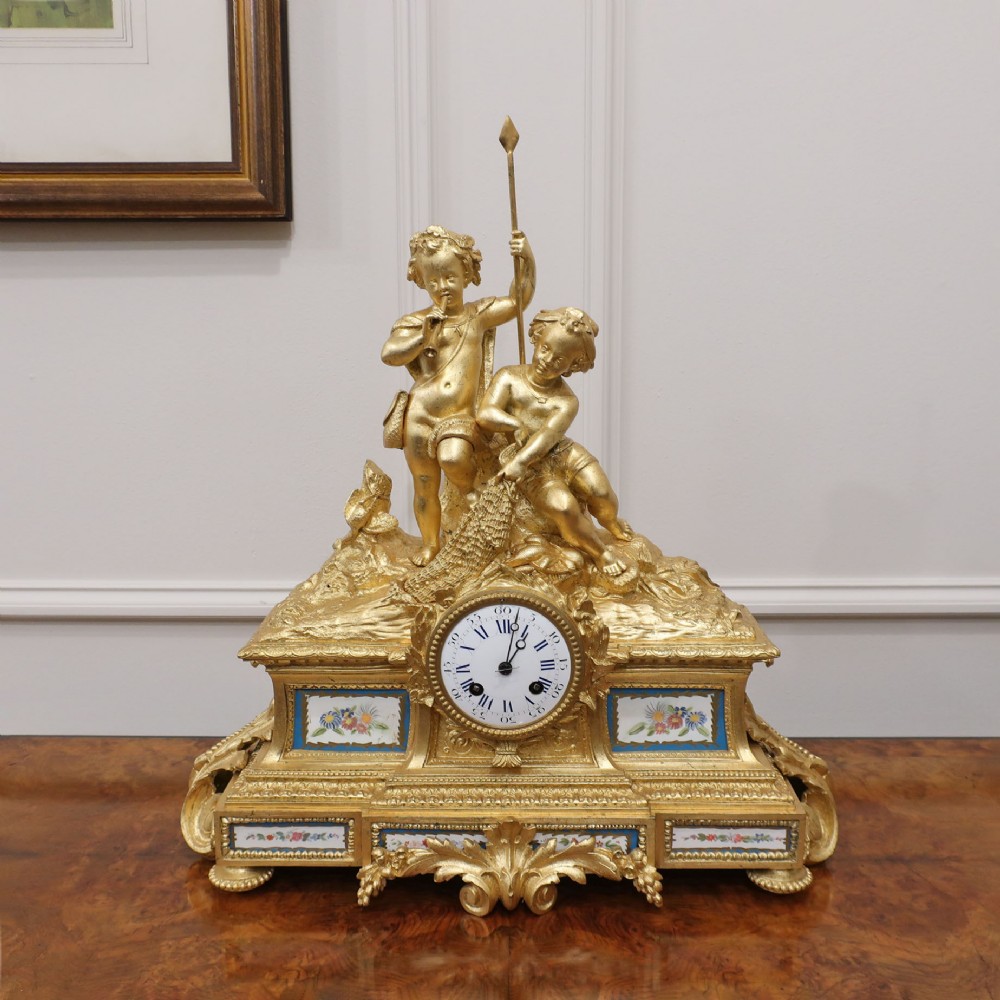 French Bronze Gilt & Porcelain Mantel Clock