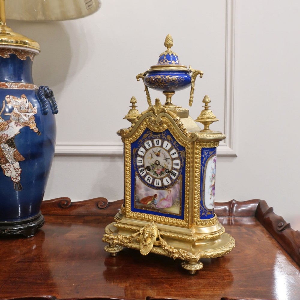 French Bronze Gilt & Porcelain Mantel Clock by Japy Freres