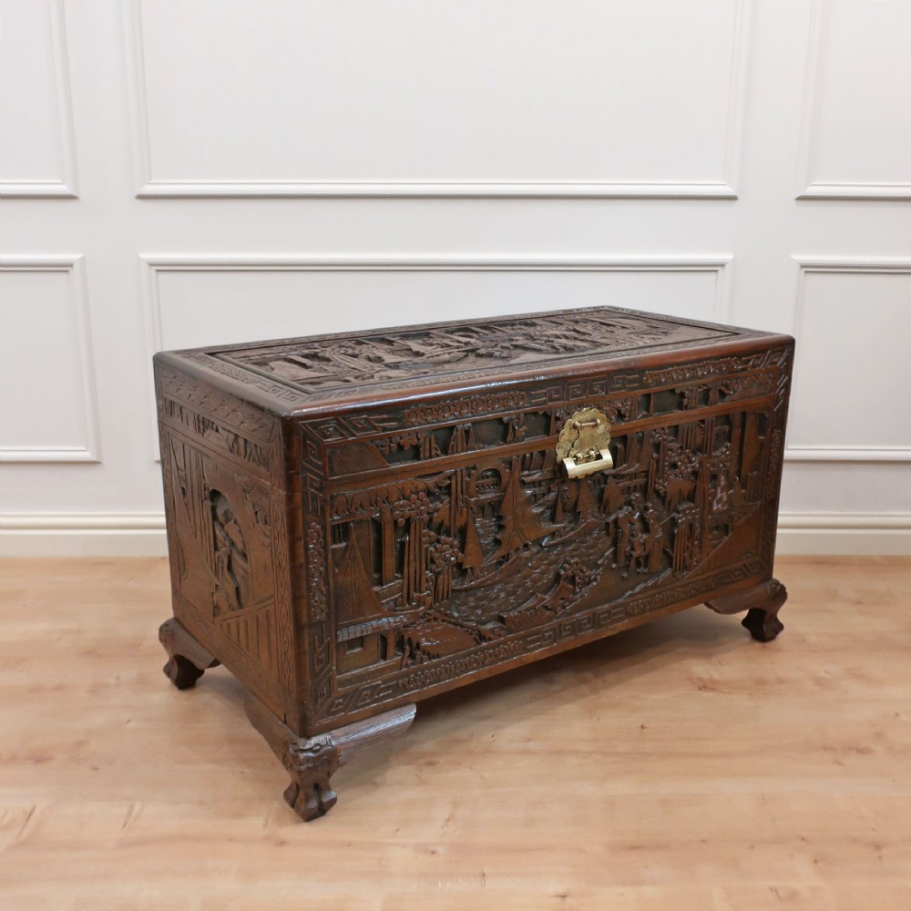 Oriental Teak & Camphor Wood Carved Chest