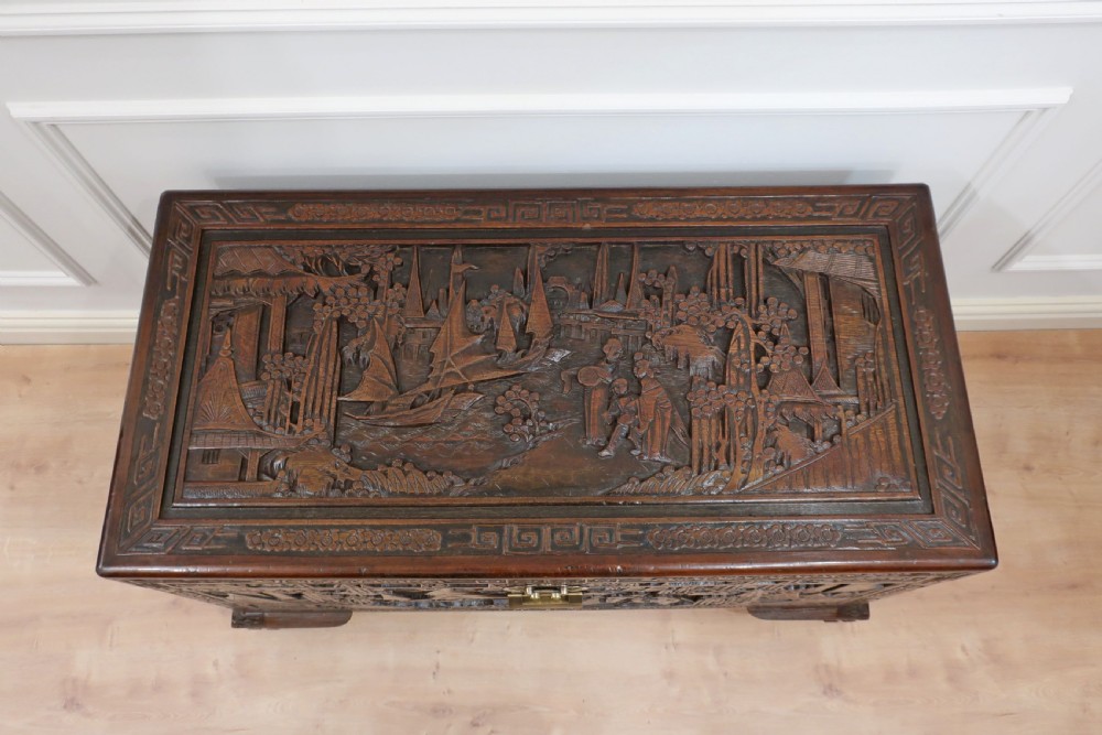 Oriental Teak & Camphor Wood Carved Chest View V