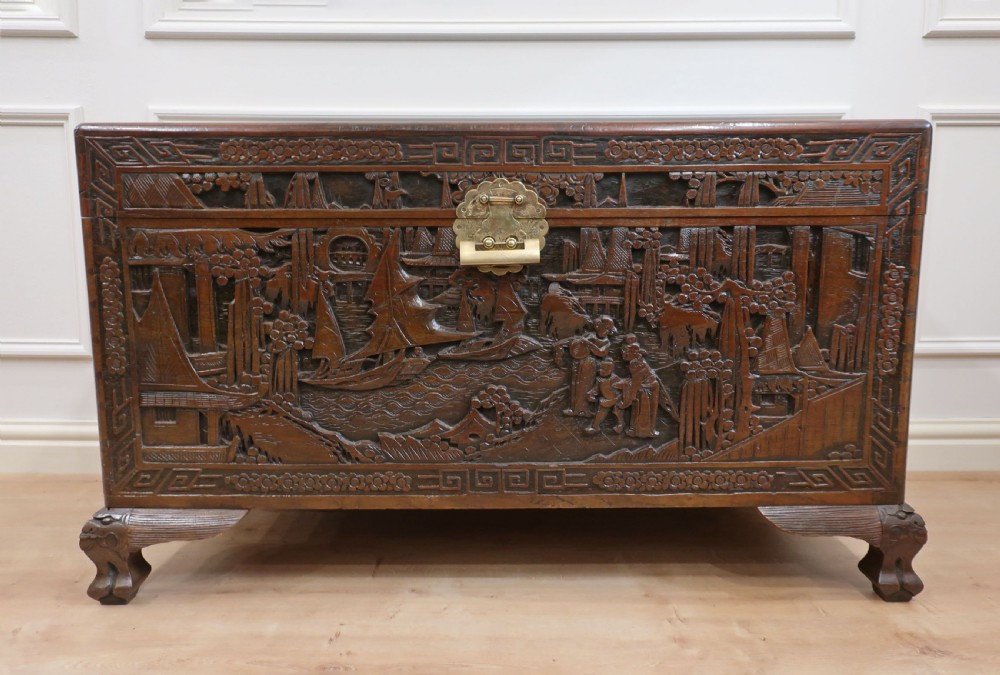 Oriental Teak & Camphor Wood Carved Chest View VI