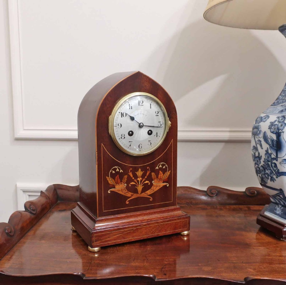 French Mahogany & Marquetry Mantel Clock by Japy Freres