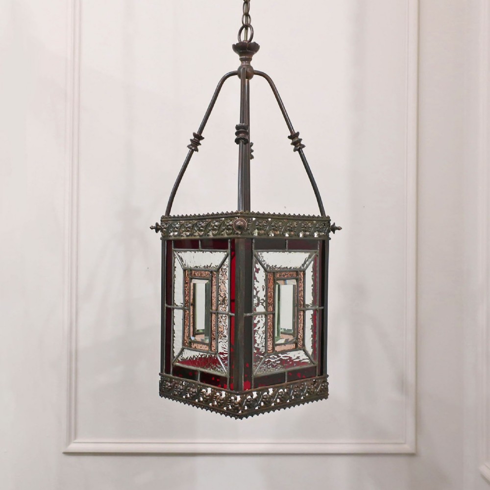 Victorian Bronze & Stained Glass Hall Lantern