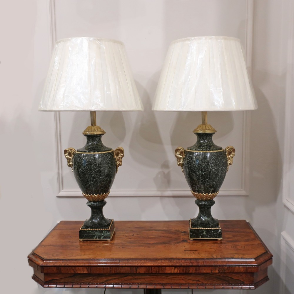 Pair of Green Marble Louis XVI Style Table Lamps by E Kahn