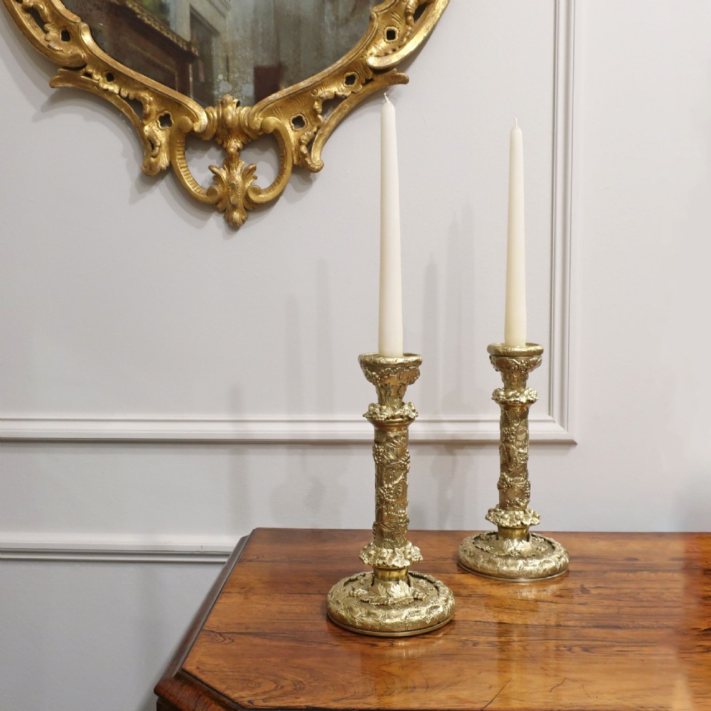 Pair of French Decorative Bronze Gilt Candlesticks