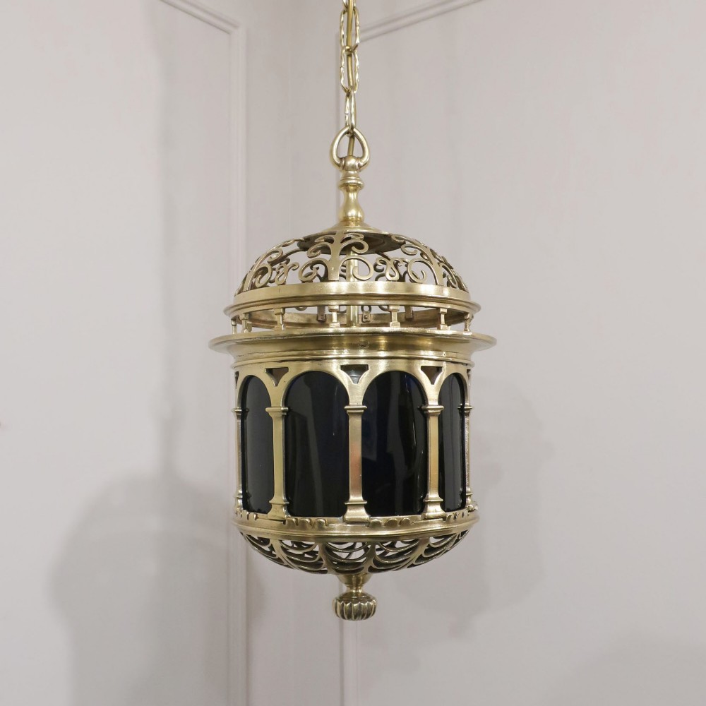 Victorian Brass & Bristol Blue Glass Antique Hall Lantern