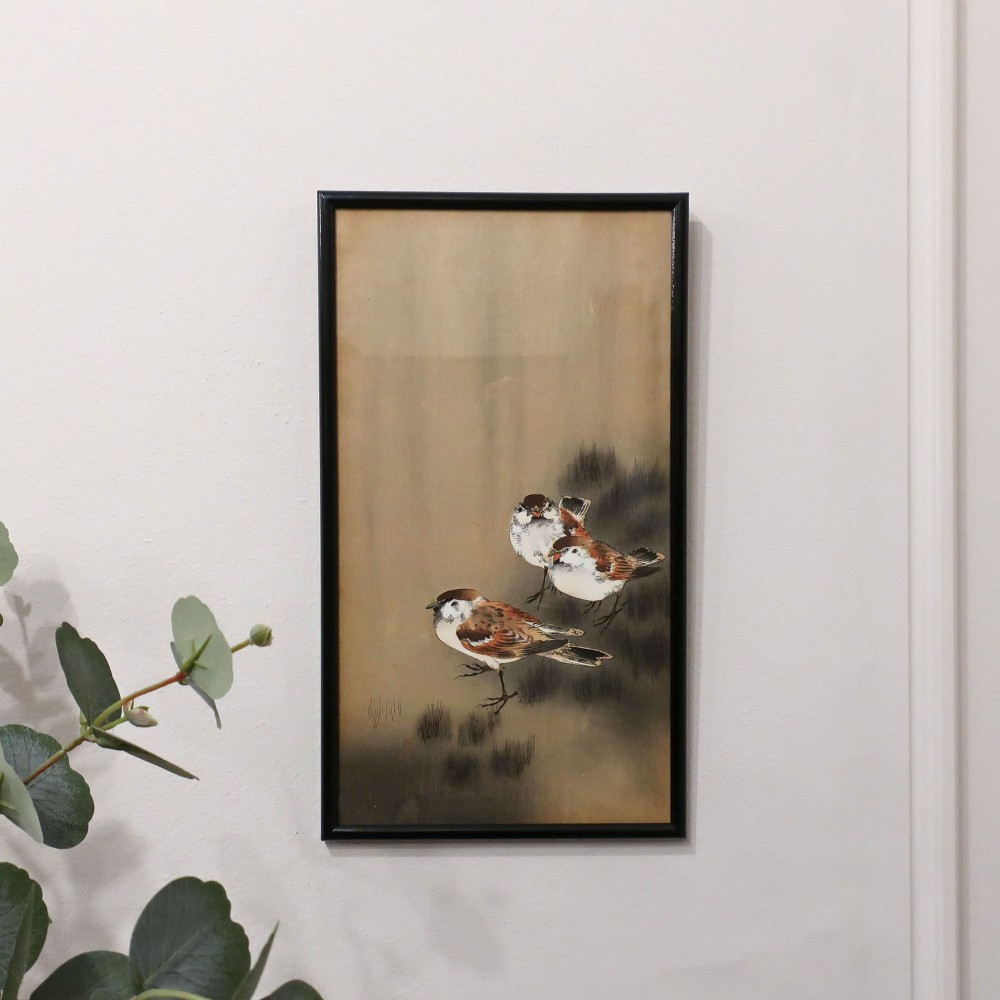 Japanese Framed Woodblock Print by Koson Ohara 'Three Sparrows'