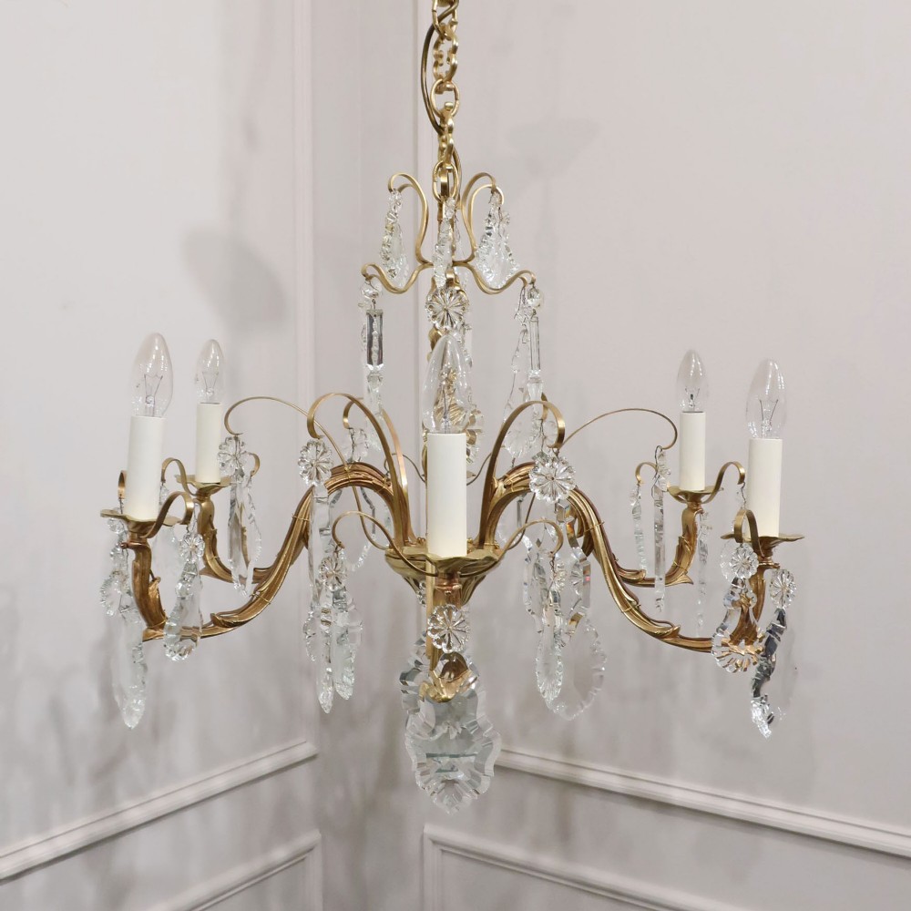 French Brass & Crystal Glass Chandelier