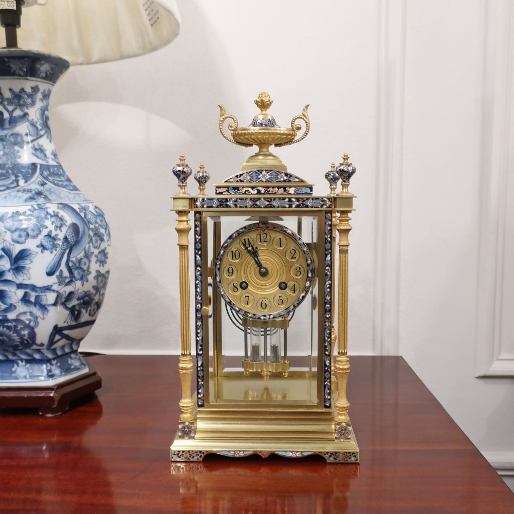 French Four Glass, Champleve & Brass Mantel Clock
