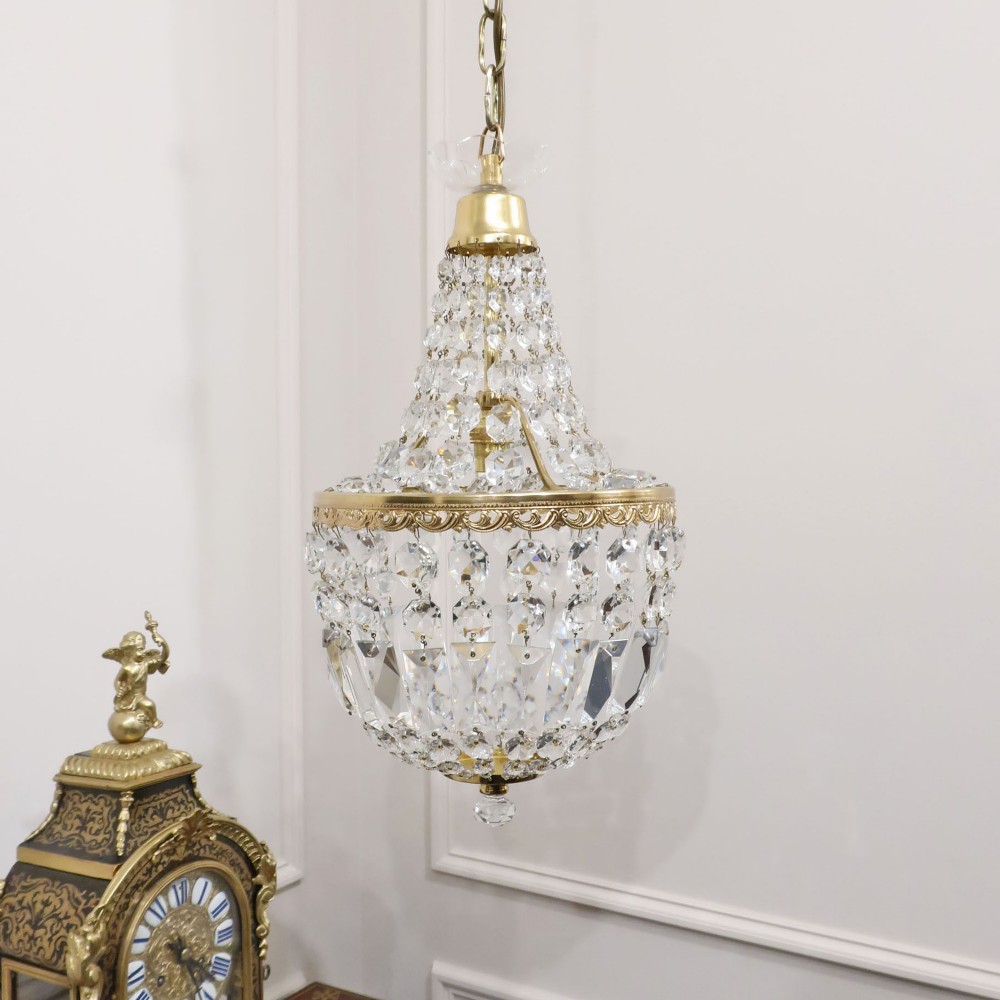 French Art Deco Crystal Glass Basket Chandelier