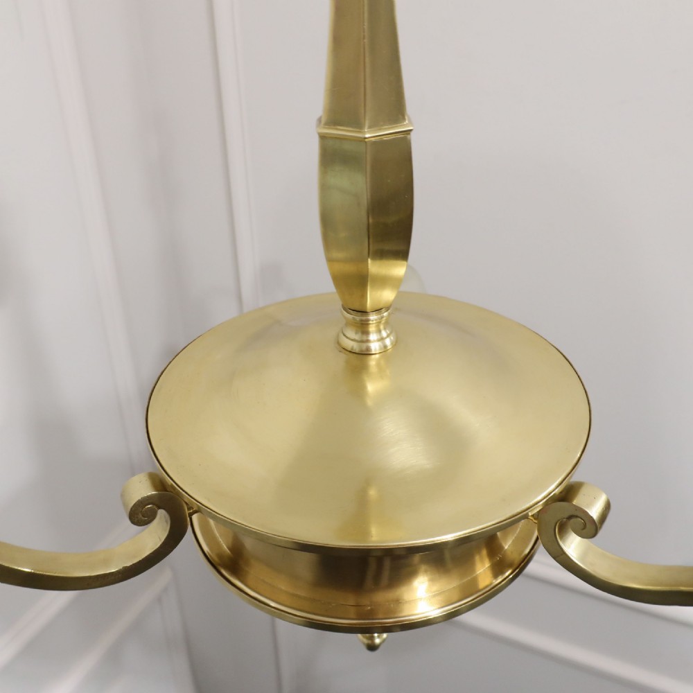 English Three Arm Brass Chandelier with Frosted Glass Shades View IX