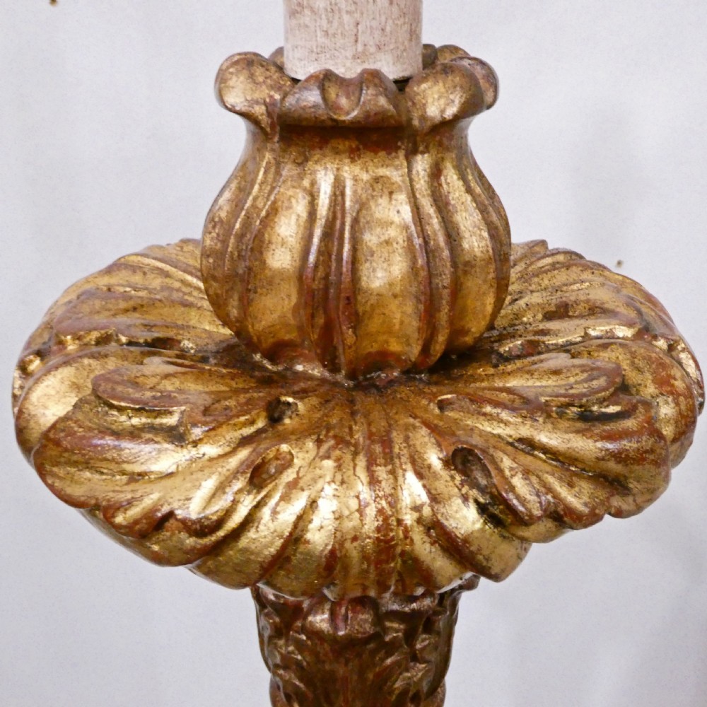 A pair of tall Italian Baroque style giltwood floor lamps featuring red velvet shafts and scalloped fringed shades. View V