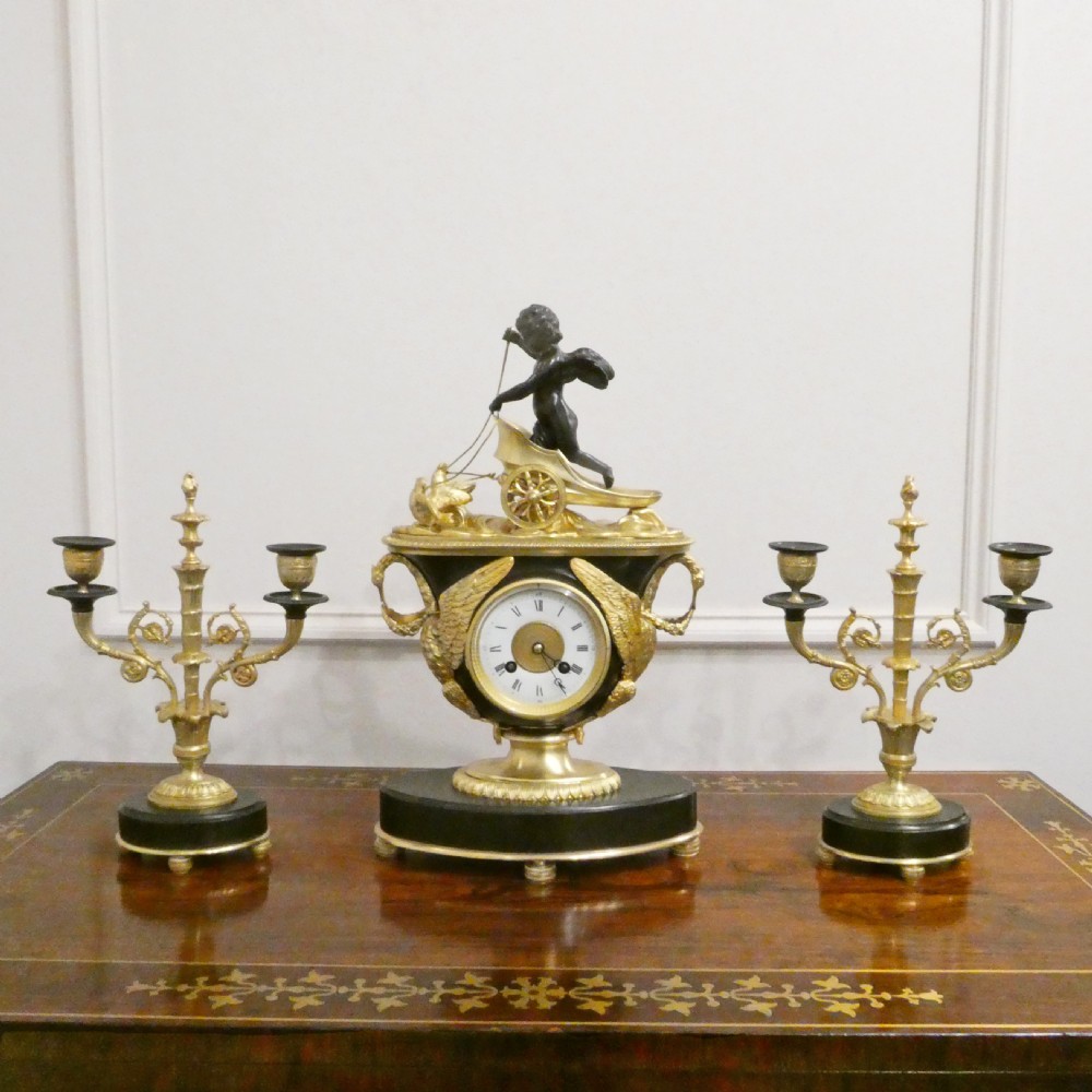 French Bronze & Gilt Bronze Mantel Clock Set by Japy Freres