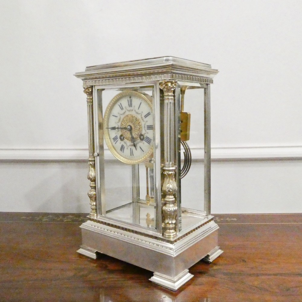 French Silver Four Glass Mantel Clock by Vincenti View II