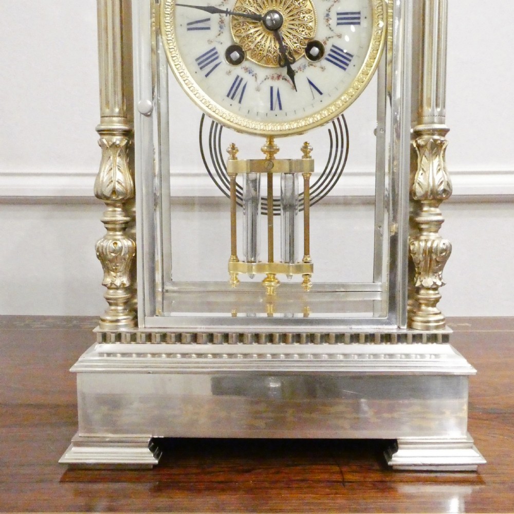 French Silver Four Glass Mantel Clock by Vincenti View V