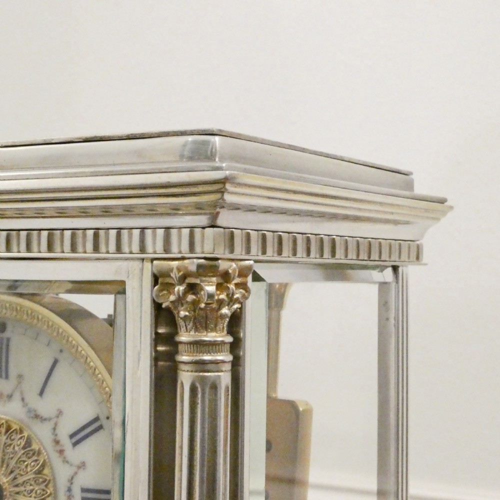 French Silver Four Glass Mantel Clock by Vincenti View VII