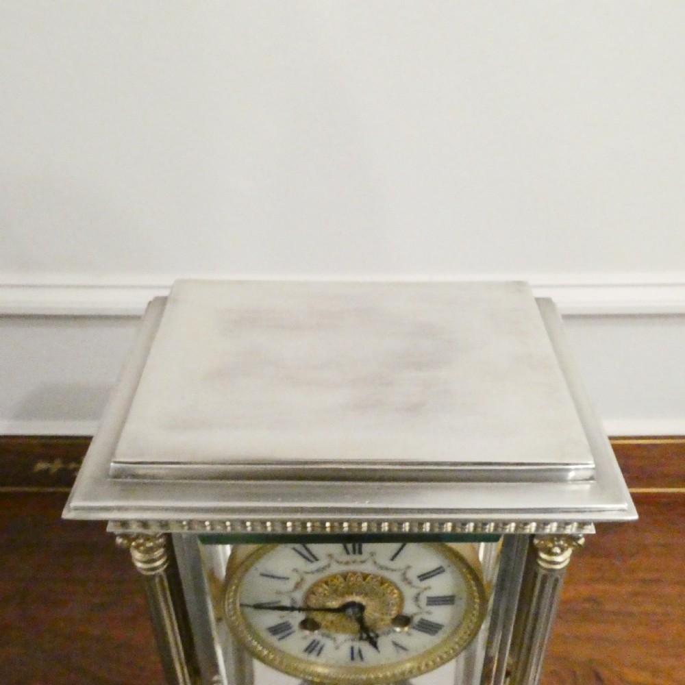 French Silver Four Glass Mantel Clock by Vincenti View VIII