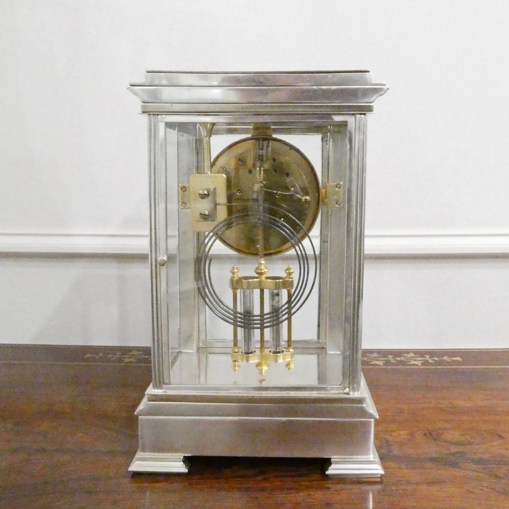 French Silver Four Glass Mantel Clock by Vincenti View XI