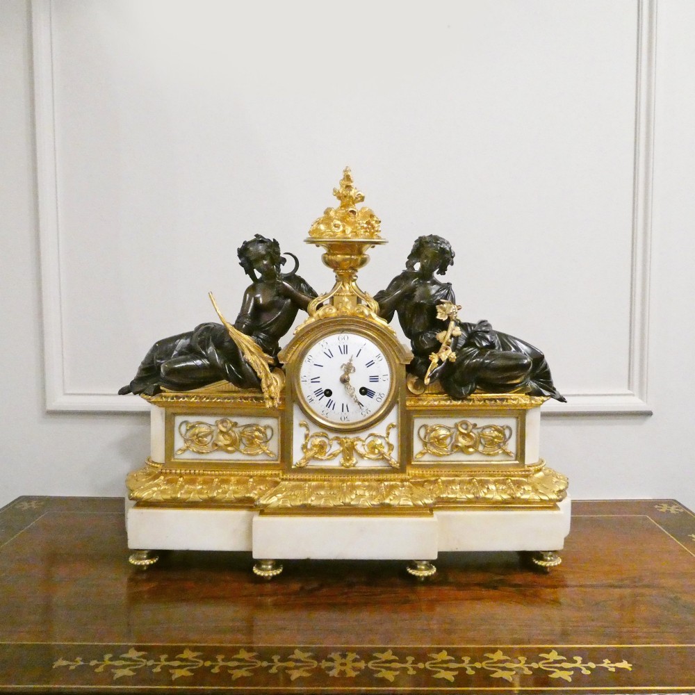 French Louis XVI Style Bronze & Marble Mantel Clock by Vincenti