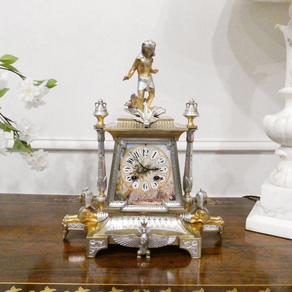 French Egyptian Revival Brass & Silver Gilt Mantel Clock by Richard et Cie