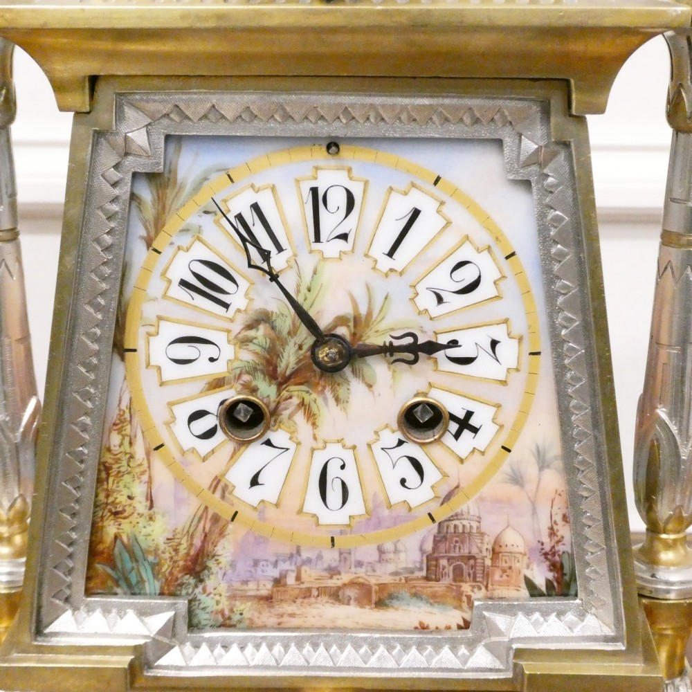 French Egyptian Revival Brass & Silver Gilt Mantel Clock by Richard et Cie View II
