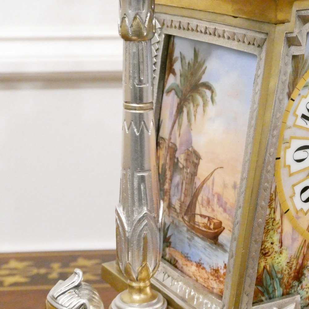 French Egyptian Revival Brass & Silver Gilt Mantel Clock by Richard et Cie View VII