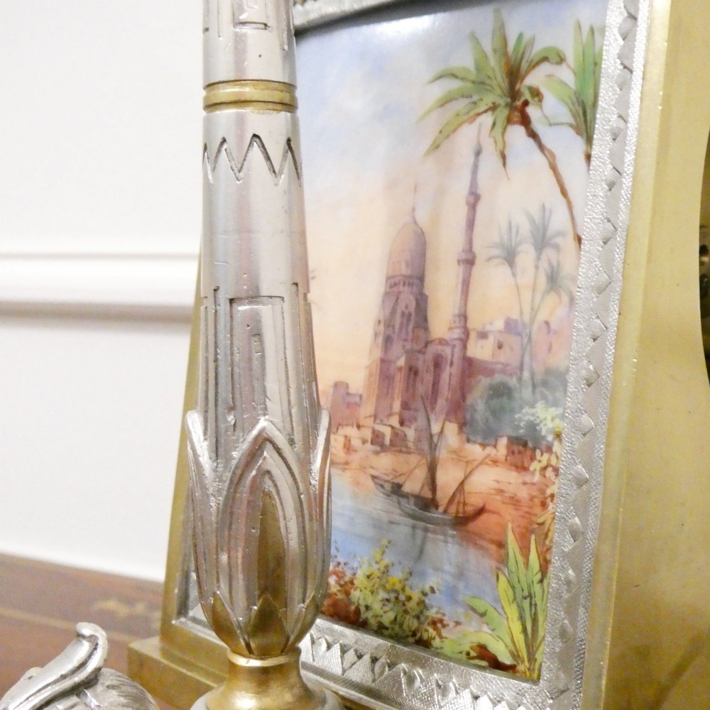 French Egyptian Revival Brass & Silver Gilt Mantel Clock by Richard et Cie View VIII