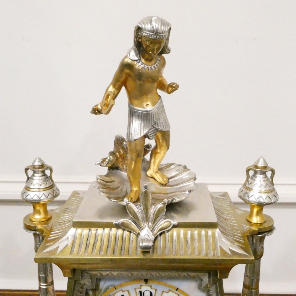 French Egyptian Revival Brass & Silver Gilt Mantel Clock by Richard et Cie View IX