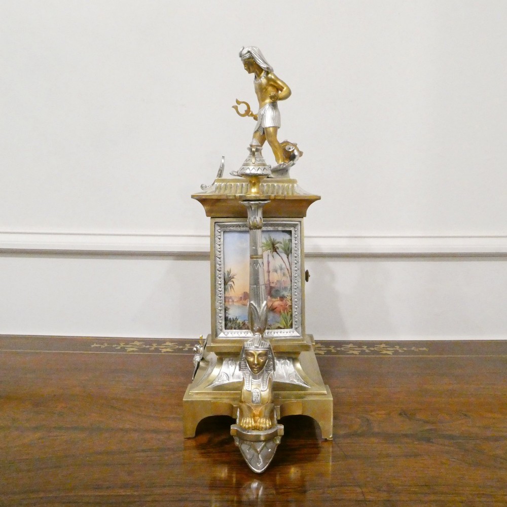 French Egyptian Revival Brass & Silver Gilt Mantel Clock by Richard et Cie View XIII