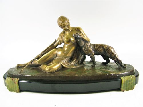 Rare French Art Deco Bronze Diana Huntress with Leopard by C Charles C1925