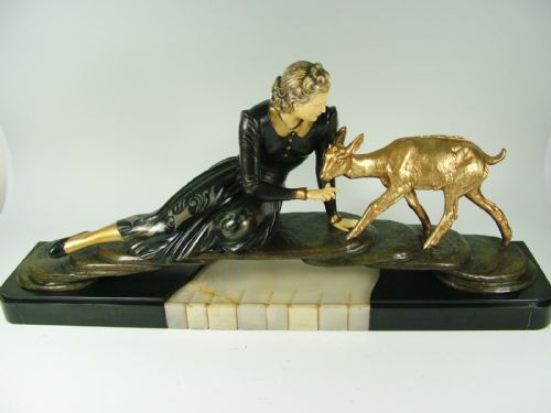 Very Large French Art Deco Lady and Fawn by Menneville C1920-30