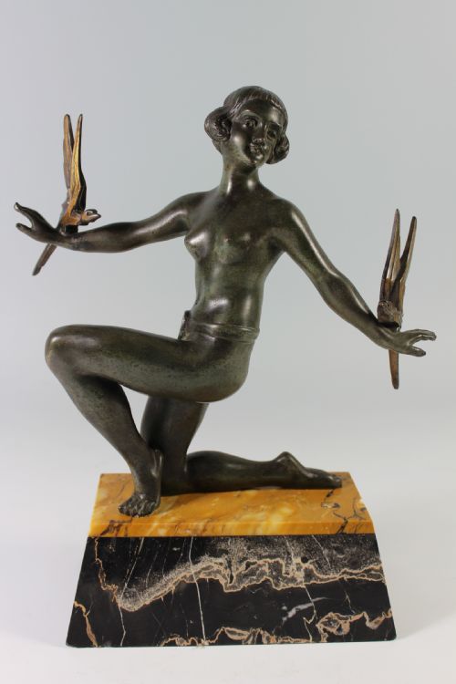 French Art Deco Nude Lady with Phoenix Birds, Attributed to Limousin C1920-30