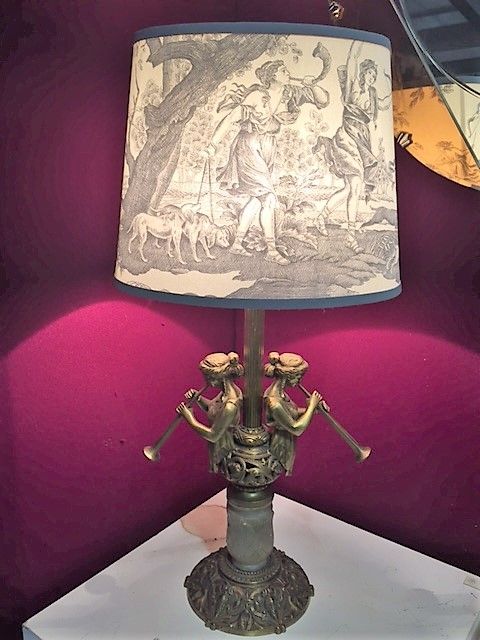 Early 20th Century Bronze Lamp of Maidens Playing Trumpets