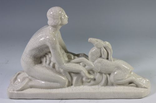 French Art Deco Craquele Figure of Girl and Fawn C.1920-30