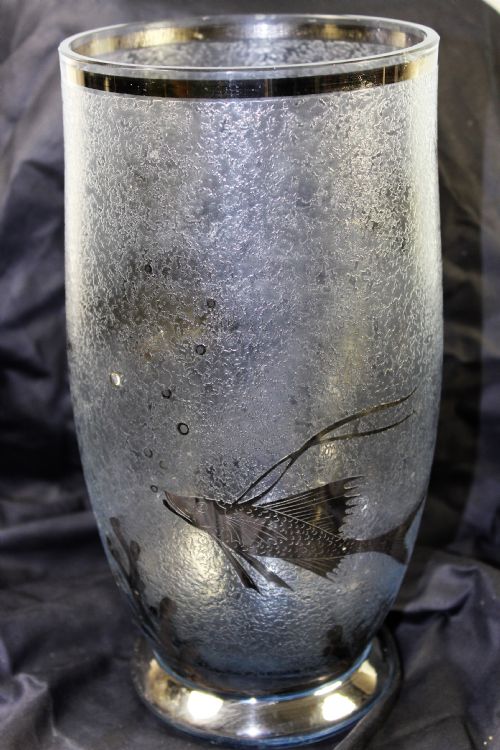 Large French Art Deco Silvered Crackle Glass Fish Vase, C1920-30s