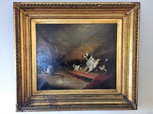Frank Cassell (British, 19th Century), Four Terriers Ratting in a Barn, Signed