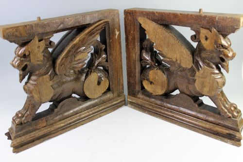 Pair 18th Century Oak Furniture Support Griffin Carvings