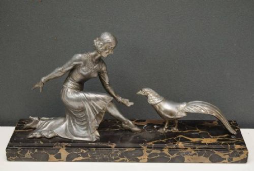 French Art Deco Girl Feeding a Peacock, C.1920-30