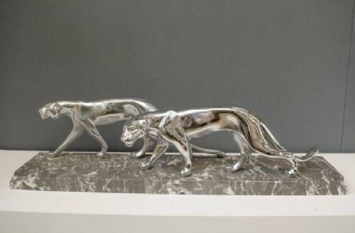 M. Font - A Pair of Art Deco Chromed Prowling Panthers, Circa 1930