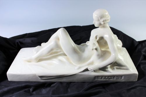 Francois Art Deco Craquele Ceramic of a Girl and Fawn, C.1930