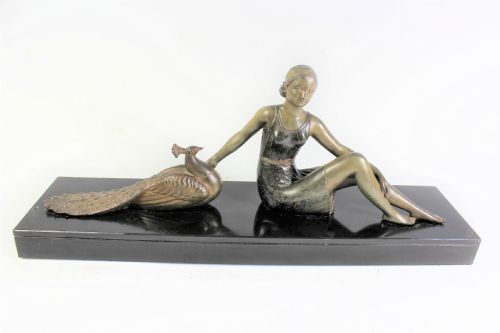 French Art Deco Girl and Peacock C,1930