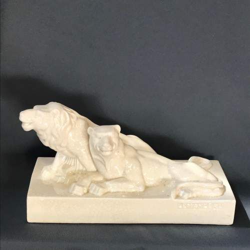 Lemanceau Pair of Art Deco Craquele Lions C.1920