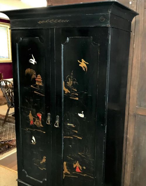 Antique Chinoiserie Ebonised Wardrobe C.1900