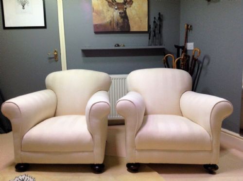 Pair of Victorian Arm Chairs with Front Bun Feet & Brass Castors C.1900