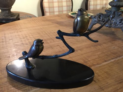 Pair of French Art Deco Bronze Songbirds Resting on a Branch C.1920