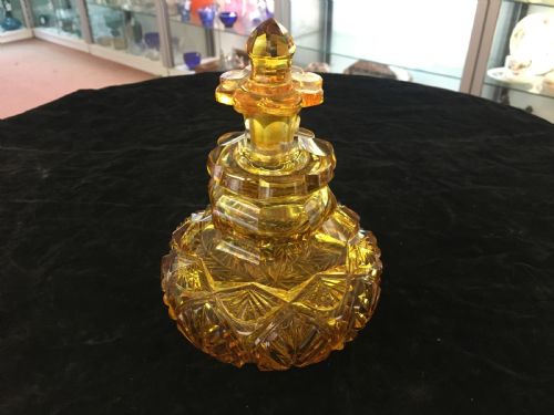 Large Amber Glass, Heavily Cut Scented Bottle