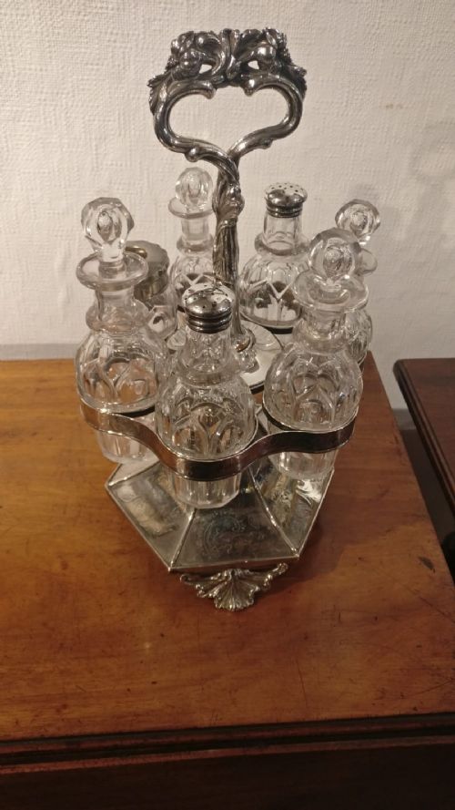 1st Period Old Sheffield Plate Cruet Frame and Fitted Bottles 18th Century