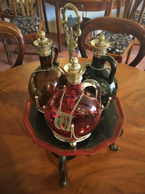 Set of 3 Coloured Glass Flagon/decanters with Silver Plated Tops and Labels 19th Century