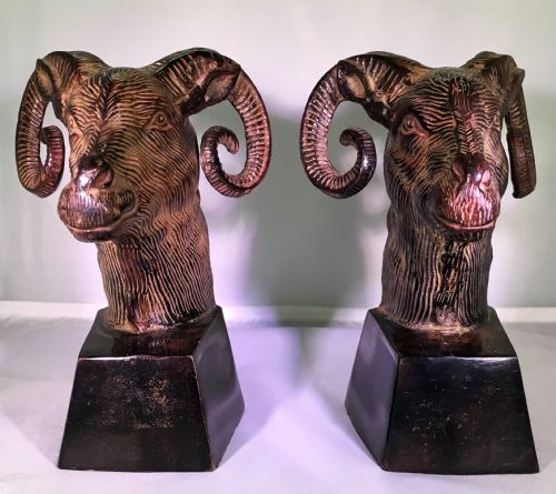Pair of Patinated Bronze Rams Head Bookends Mid C20th
